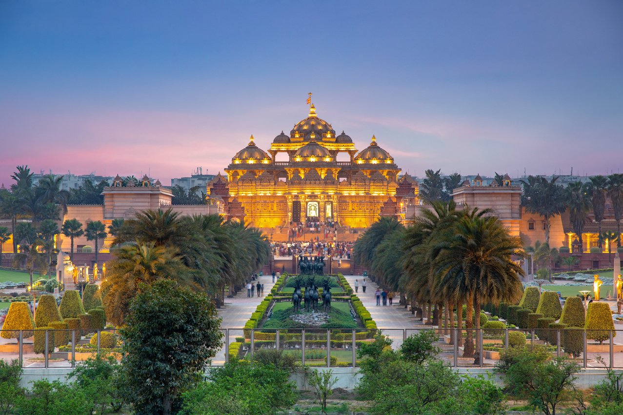 Akshardham Temple at night.